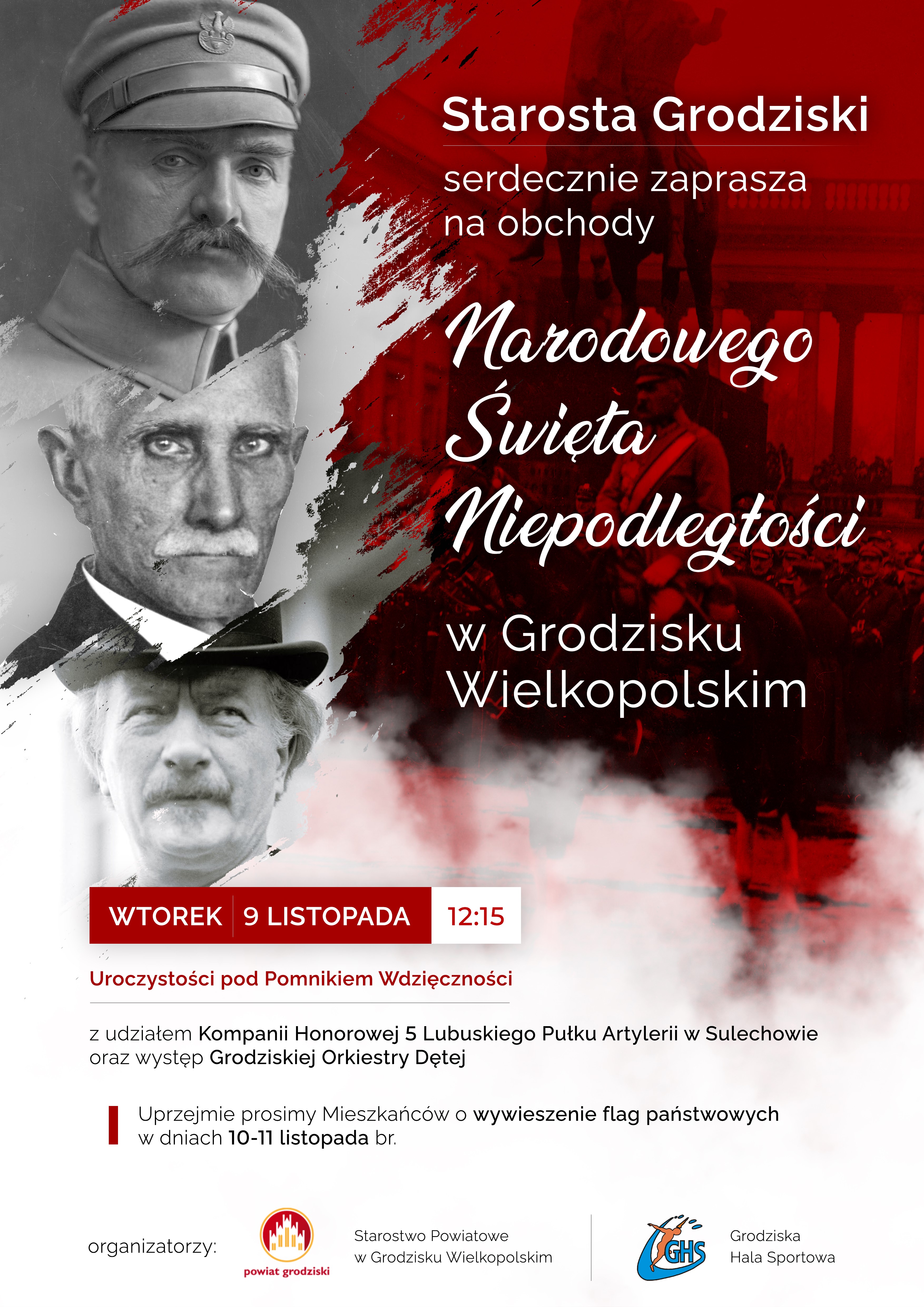 Zaproszenie na obchody Święta Niepodległości w dniu 9 listopada 2021 r. o godz. 12.15 przy Pomniku Wdzięczności w Grodzisku Wielkopolskim