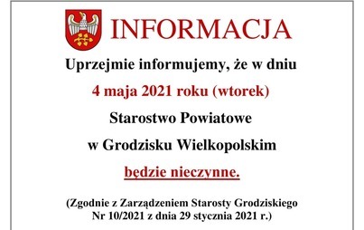 Zdjęcie do NIECZYNNE W DNIU 4 MAJA